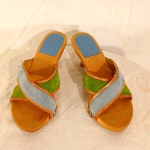 Stunning Coach Blue & Green Seude Wood Studded Mule/Sandal